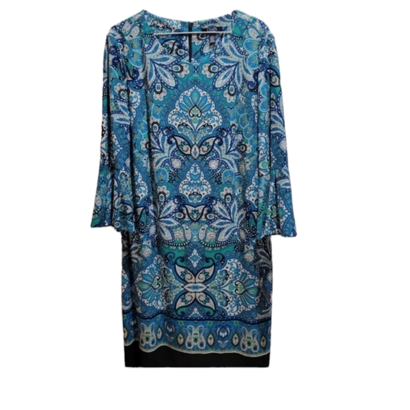 Chaps Blue Border-Print Bell-Sleeve Sheath Dress womens  size 16 NWT - Picture 1 of 6